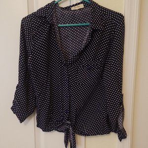 Navy Polka Dot Tie Waist Blouse